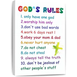 10 Commandments for Kids Canvas Wall Art,God's Rules Colorful Decor, Sunday School Gift Nursery Classroom Bedroom Poster ten commandment Framed 8 * 12 Inch
