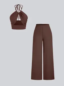 Summer Women's Structured Strapless Tank Top & Wide-Leg Loose Pants Co-ord Set - Ideal for Casual Occasions