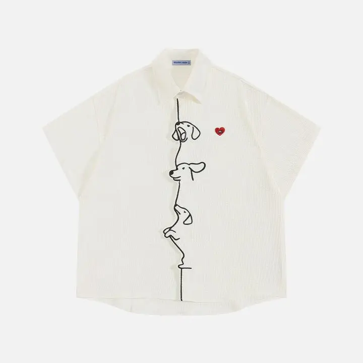 Aelfric Eden Boxy Dachshund Embroidery Short Sleeve Shirt Playful Dachshund Line Embroidery Waffle Fabric Classic Point Collar Unisex Retro Casual Summer Top