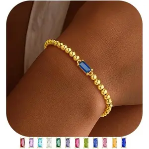 Dainty Birthstone Bracelet for Women - Elastic 14K Gold Plated Bead Bracelets Trendy Friendship Birthday Jewelry Gifts for Women