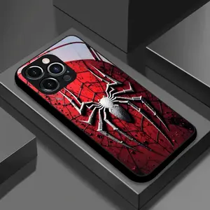 Metallic Spider Pattern Glass Protective Case for iPhone 17, 16, 15, 14, X, 13, 12, 11, XR, 8, 7, XS Max Series, Anti-Dirty, Fashionable, Trendy