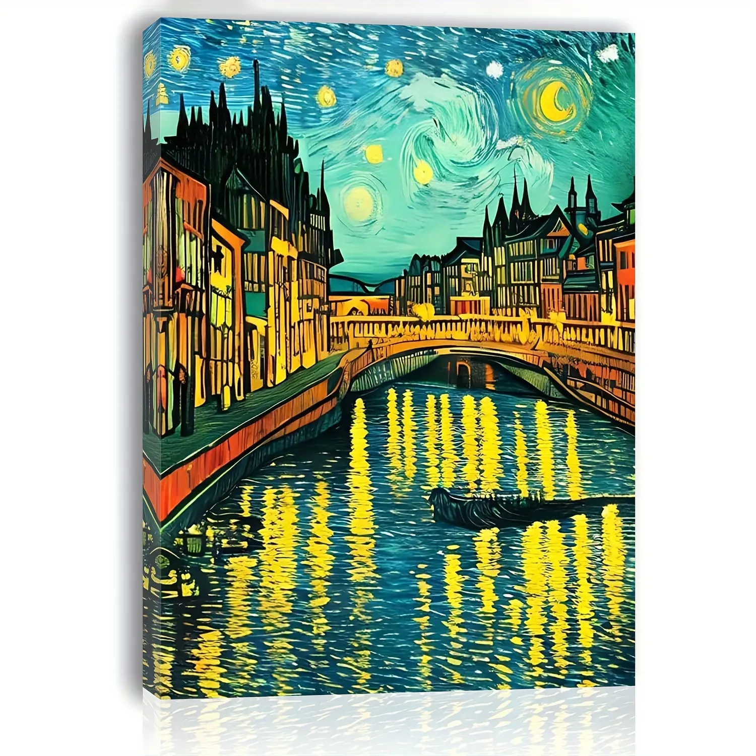 1pc Van Gogh Starry Night Wood Framed Canvas Print - 11.8x15.7" Decorative Wall Art with Colorful Sky, Retro Architecture - Home Decor for Living Room, Bedroom, Ideal Gift for Art Lovers