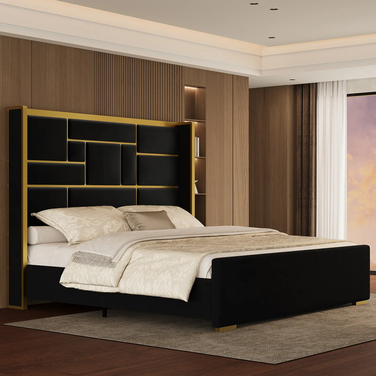 [Summer Sale Deals] King Size Bed Frame with 55.12" Tall Headboard, Modern Luxury Velvet Upholstered Platform Bed with Gold Trim, Wide Wingback Design, Noise-Free, Easy Assembly, No Box Spring Needed, Black