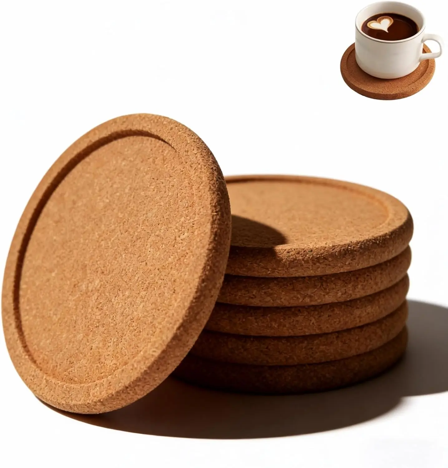 6-Pack Thick Round Stylish Cork Coaster Set, 4 in Absorbent Reusable Beverage Coasters with Lip, Heat-Resistant Non-Slip Tableware Pads for Coffee Glasses Mugs, Natural Wood Table Protectors