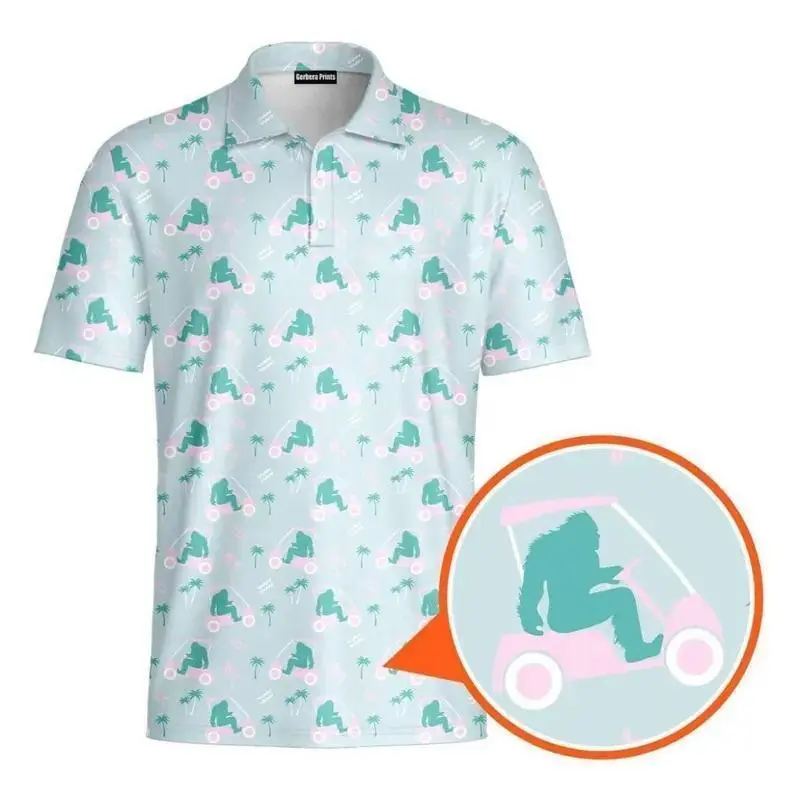 Funny Golf Sasquatch Polo Shirt – Bigfoot Driving Golf Cart All Over Print Polo, Breathable Performance Golf Shirt for Men, Cool Summer Golf Gift Top
