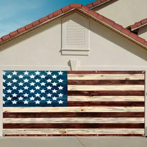 7x16ft Vintage Red Blue Star Stripes Wood American Flag Garage Door Cover Patriotic Decor for Independence Day 4th of July Veterans Day President's Day
