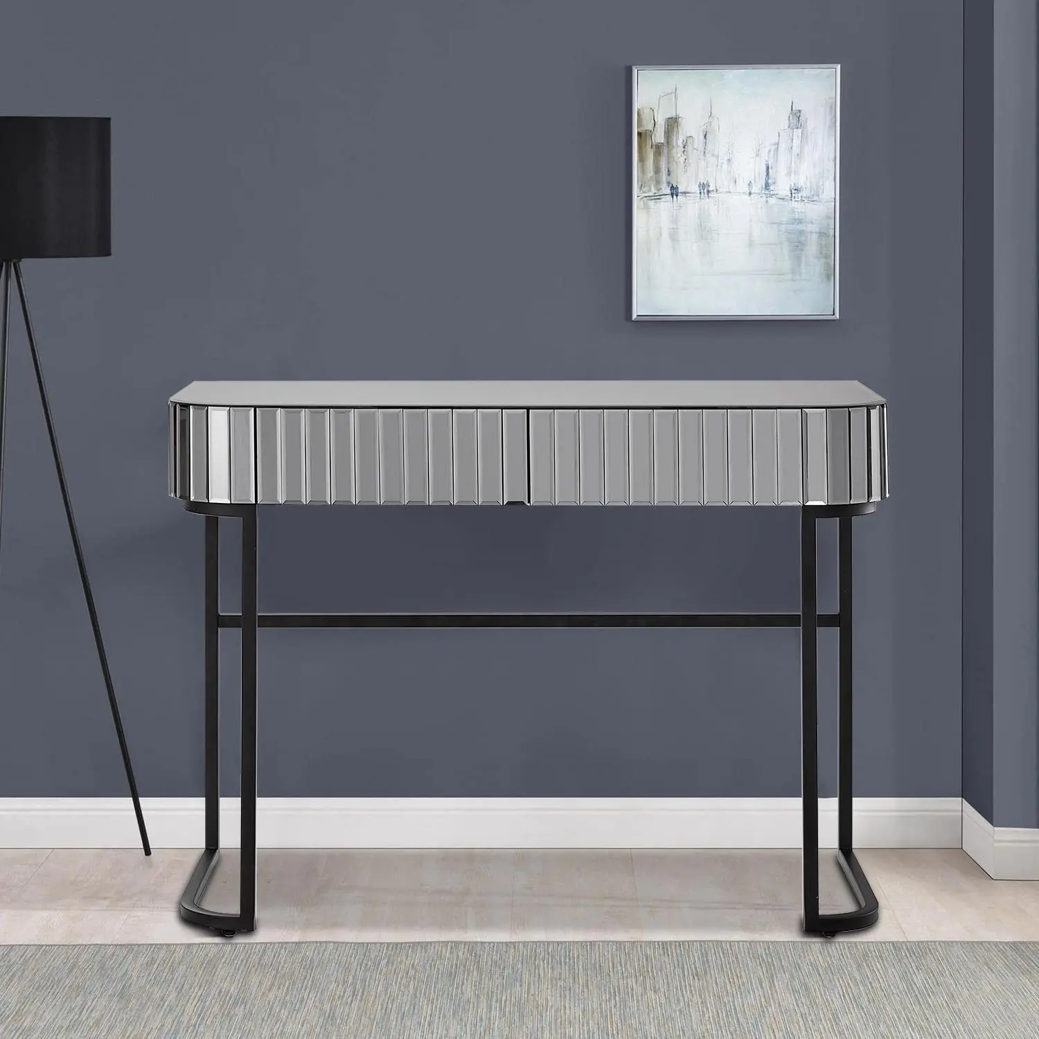 Modern Stylish Freestanding Mirrored Wooden Storage Makeup Vanity Table with Metal Legs