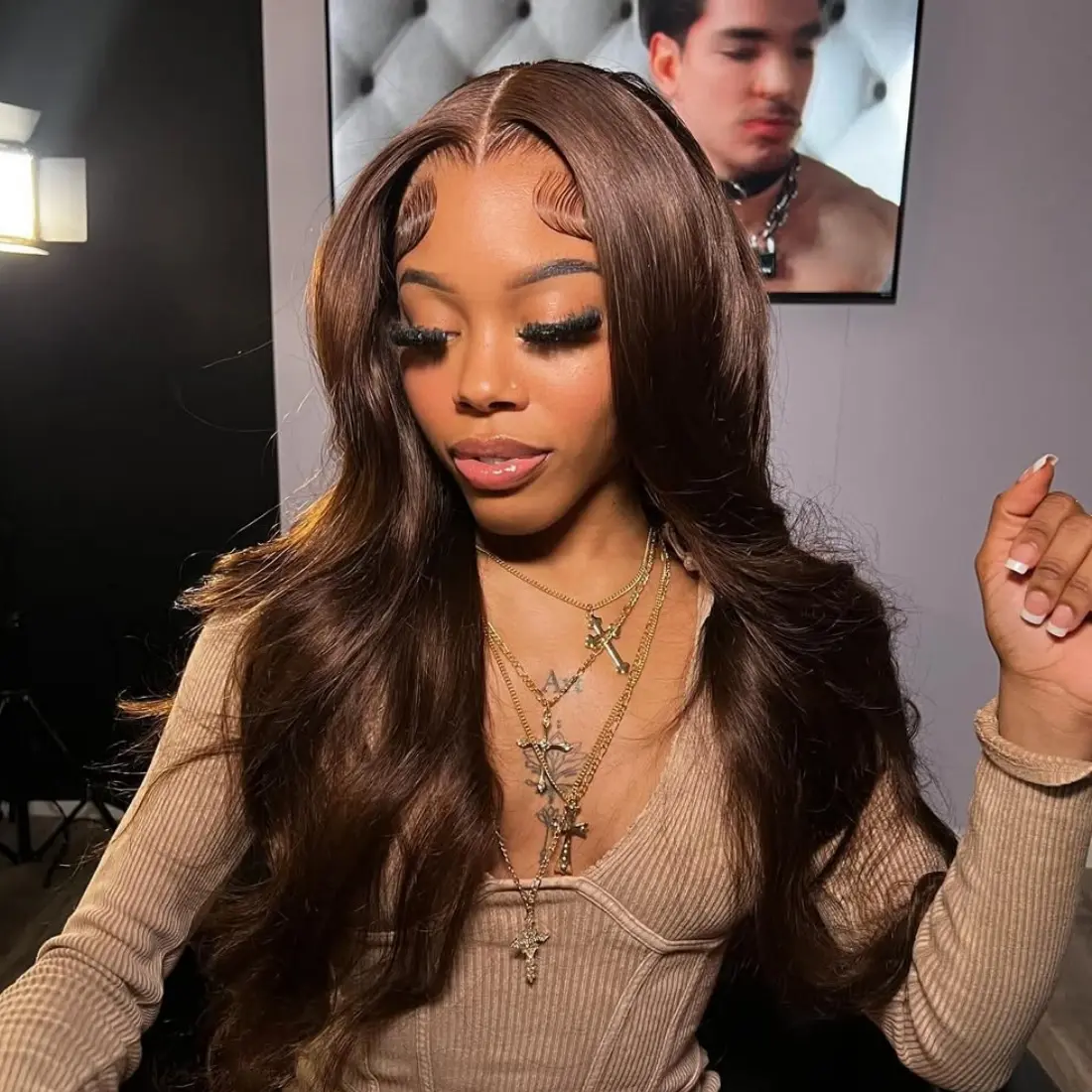 13x4 Lace Front Human Hair Wig 180 Density Body Wave Wig Chocolate Brown Colored Transparent Lace Front Human Hair Pre Plucked for Women