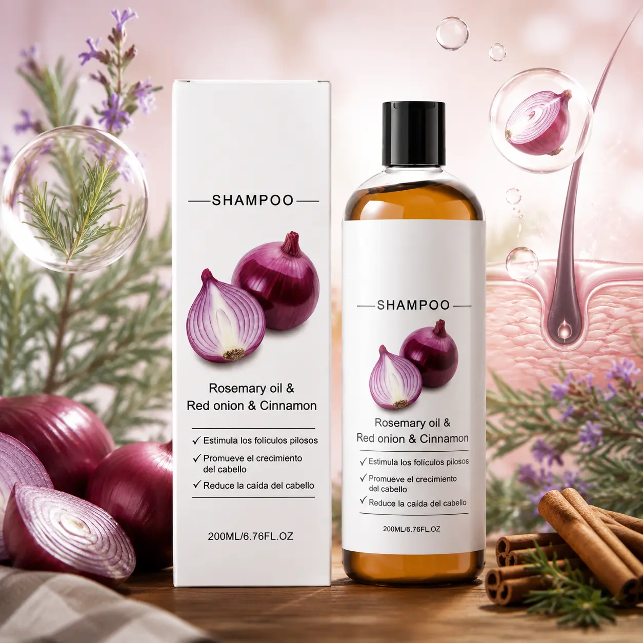 Onion & Rosemary Shampoo 200ml – Reduces Hair Loss & Promotes Growth – Cinnamon & Onion for Thicker Hair