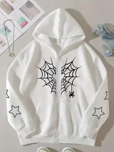 Women's Drawstring Zipper Cardigan with Pockets, Graphic Print, Loose-Fitting, Fall & Winter Casual Wear, Warm and Stylish