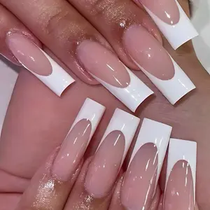 24pcs Long Square White French Glossy Two Tone Fake Nail & 1sheet Tape & 1pc Nail File French Tip Press On Nails Manicure Nail Art Nail Care Color Cutics Comfort Nail Polish Set