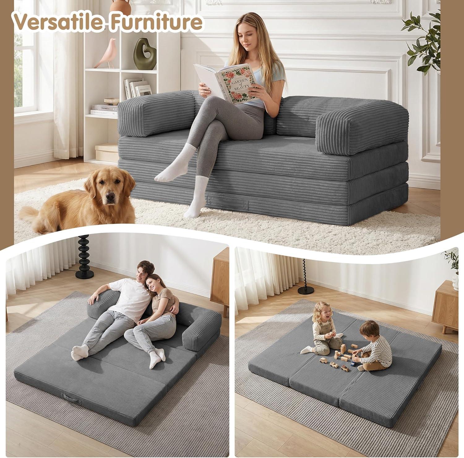 Winzoo 5-in-1 Convertible Sofa Bed,Boneless Couch Tri Folding Floor Mattress with Removable L-Shaped Armrests & Handle,Corduroy Futon Couch Sleeper with Pull Out Bed for Living Room Bedroom Apartment