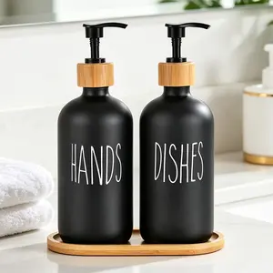 Hand and Dish Soap Dispenser Set with Bamboo Tray, 16oz/500ML Glass Bottles, Luxury Minimalist Farmhouse Decor for Kitchen