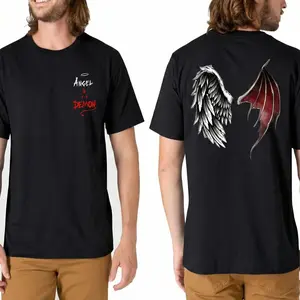 Angel Demon Wings Tee Cotton Double-sided Printed Black Dark Street Style Unisex Loose Fit Y2K Vibe Casual Outfit Streetwear Crewneck