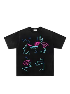 American Vintage Dark Street Style Water-Washed Tie-Dye Monster Demon T-Shirt Streetwear, Casual Loose-Fitting Short Sleeve Round Neck Top for Summer