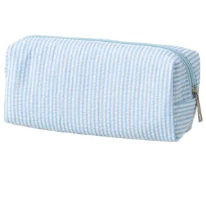 Cute Pencil Case, Seersucker Pencil Bag Desktop Stationery Finishing Large Capacity Embroidery Striped Travel Storage Bag, Multifunctional Cosmetic Pouch