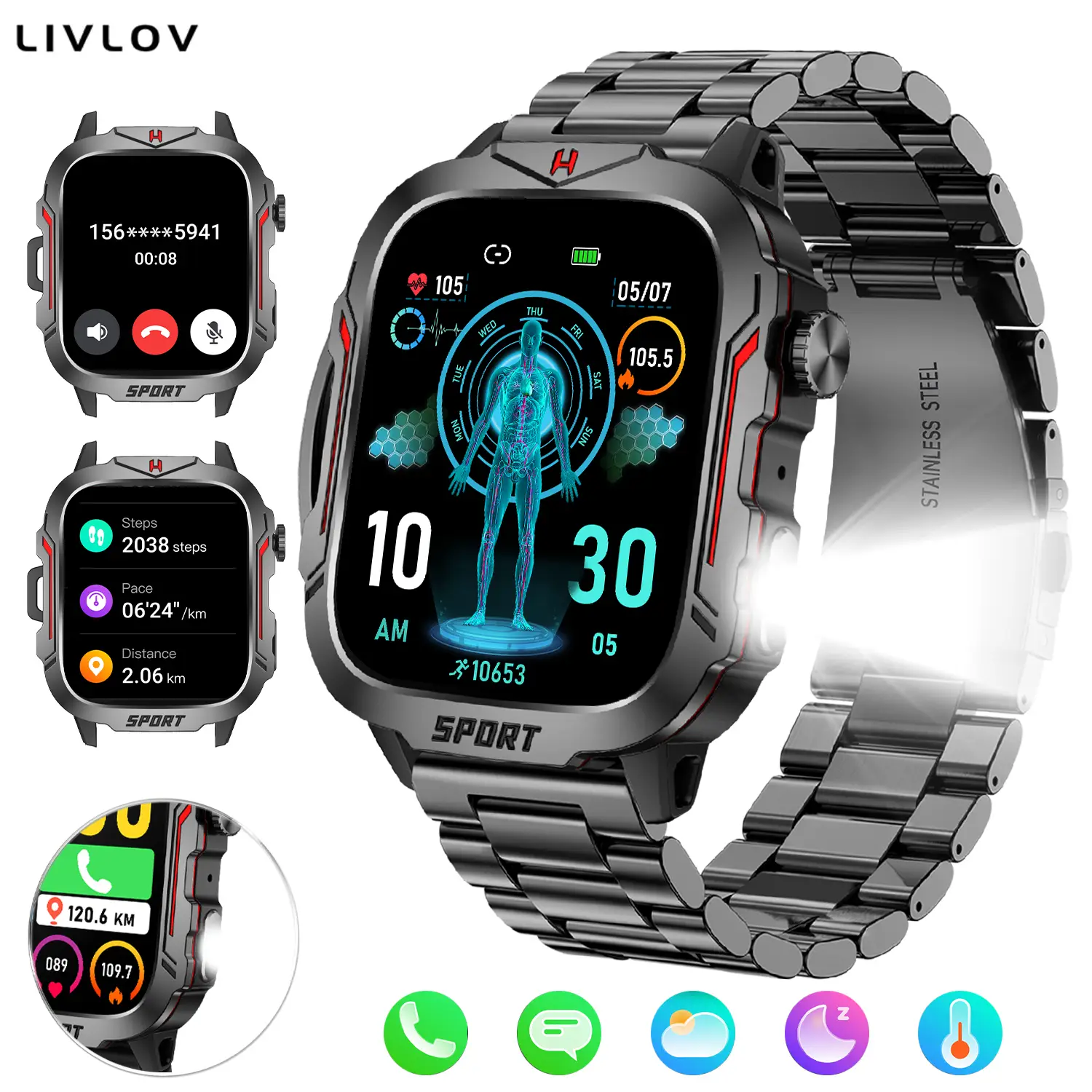 Fashion Digital Multifunctional Outdoor Fitness Tracker with LED Flashlight Smart watch with Running Pace, 420mAh Battery, Answer/Make Calls, Sleep Mo
