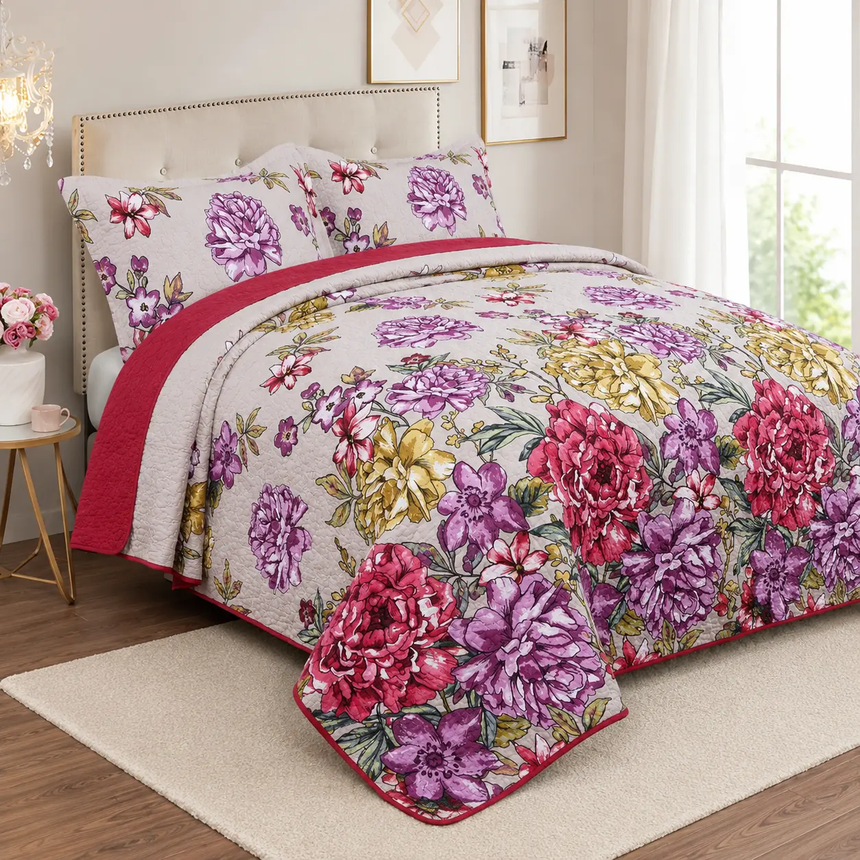 100% Cotton Floral Quilt Set 3 Piece Quilted Coverlet Bedspread with 2 Pillow Shams Queen King Size