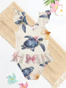 Girls' Random Print Full-Print Digital Fashion Fantasy Spring Summer Clothes, Turtle Flower Starfish Bow Swimwear, Casual Holiday