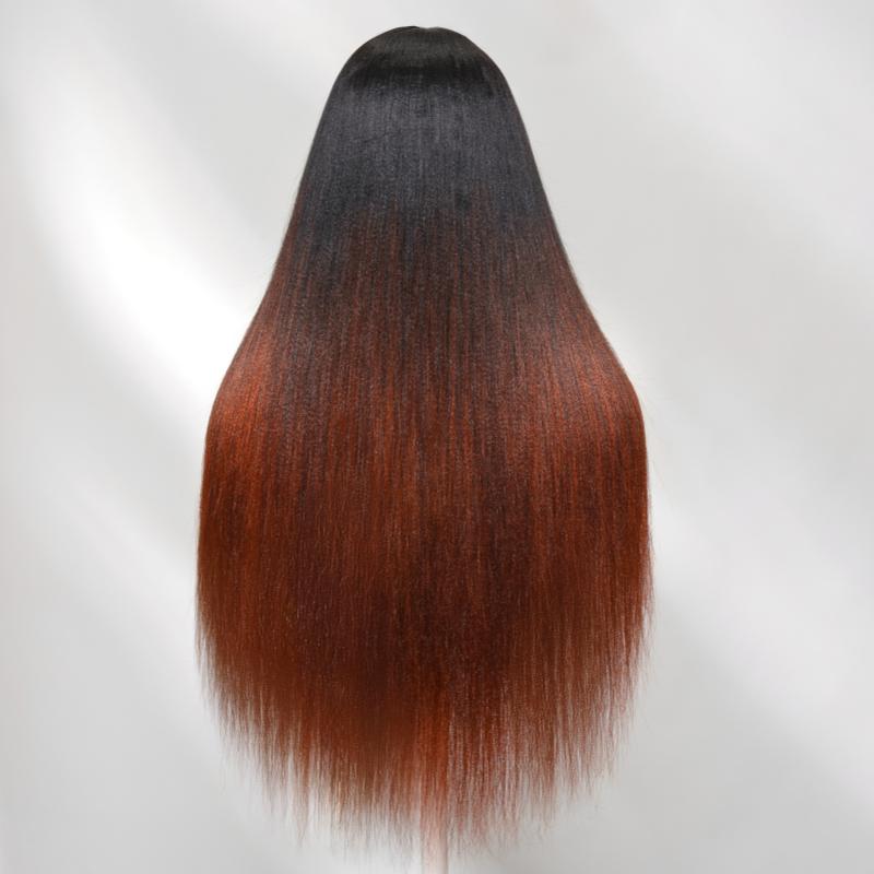 【New In】UNice EasiContour V Part Black to Reddish Brown Ombre Yaki Straight Wig with Upgrade Drawstring Glueless Human Hair Wigs Beginners Friendly Easy Intall