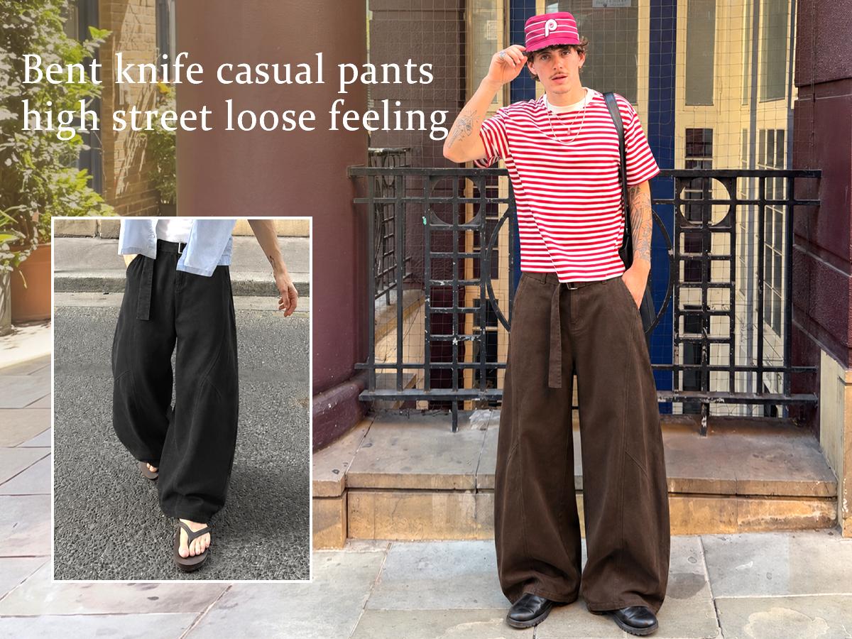 Men’s Vintage 100% Cotton Wide-Leg Pants, Relaxed Baggy Fit with Curved Seam Detail and Adjustable Belt, Retro Streetwear Trousers Men’s Vintage 100% Cotton Wide-Leg Pants, Relaxed Baggy Fit with Curved Seam Detail and Adjustable Belt, Retro Streetwear Trousers