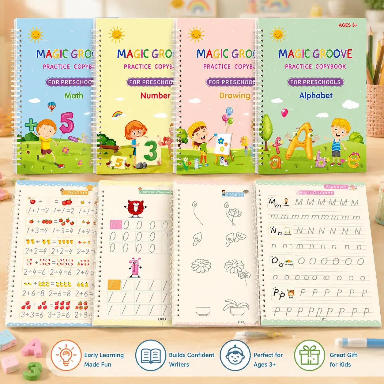4 Pcs Reusable Grooved Practice Copybook Set with Groove Lines, Calligraphy Practice Sheets, Kids Illustrations for Preschool Kids’ Number, Letter, Math Tracing Learning (Educational Arts & Crafts Toy)