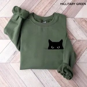 Gildan Cute Black Cat Sweatshirt, Funny Peeking Cat Graphic Crewneck for Women, Cozy Casual Pullover, Adorable Gift for Cat Lovers