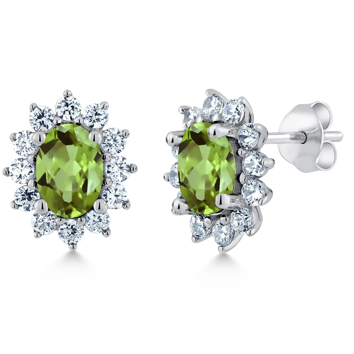 2.32 Ct Oval Green Peridot 925 Sterling Silver Halo Princess Diana Kate Middleton Post Earrings
