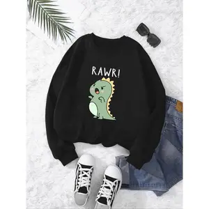 Women's Cartoon Dinosaur Print Drop Shoulder Sweatshirt, Casual Long Sleeve Round Neck Pullover for Fall & Winter, Ladies Clothes for Daily Wear