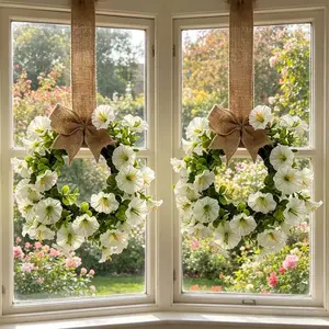 Spring Summer Artificial Bow Mini Bell Flower Wreath, Window Door Hanging Wall Decor, Farmhouse Home Decoration, 2 Pieces Set, Artificial Flower Arrangements