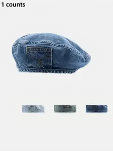 Women's Vintage Washed Denim Design Beret, Casual Outdoor Blue Hat for Women, Fashion Accessories for Daily Wear