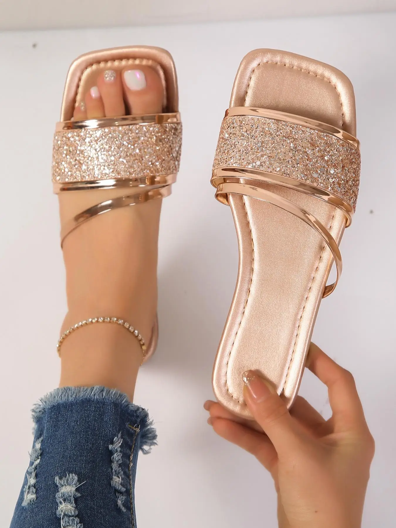 Women's Glitter Thin Band Decor Slide Sandals, Fashionable Plain Color Flat Sandals, Casual Open Square Toe Sandals, Summer Footwear for Daily Wear, S