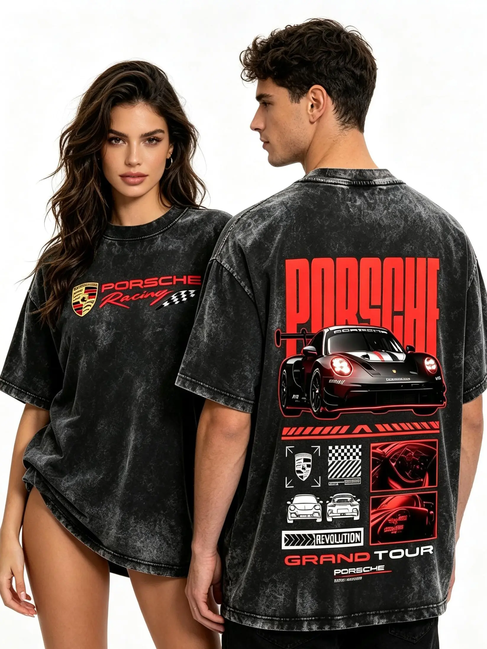 Racing Sports Car Vintage Washed T-Shirt, Front & Back Print, Motorsport Race Car Graphic Tee, Oversized Unisex Short Sleeve, Car Enthusiast Streetwear, Casual Daily Wear, Automotive Fan Gift,casual streetwear top,unisex couple t-shirt.