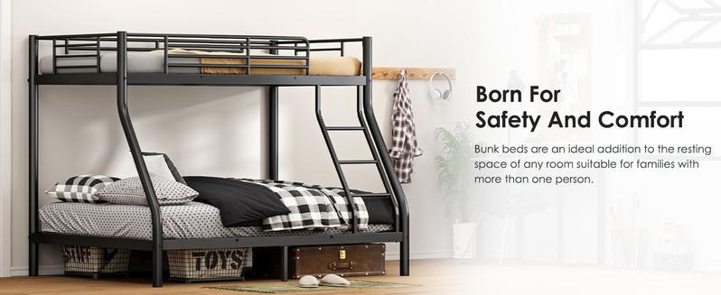 Bunk Bed Twin Over Full Size, Quiet & Sturdy Space-Saving Metal Bunk Bed with 9.8-Inch Guardrail and Ladder for Kids, Teens, And Adults, Black Heavy-Duty Frame with 400 lbs Capacity for Small Bedrooms & Shared Rooms