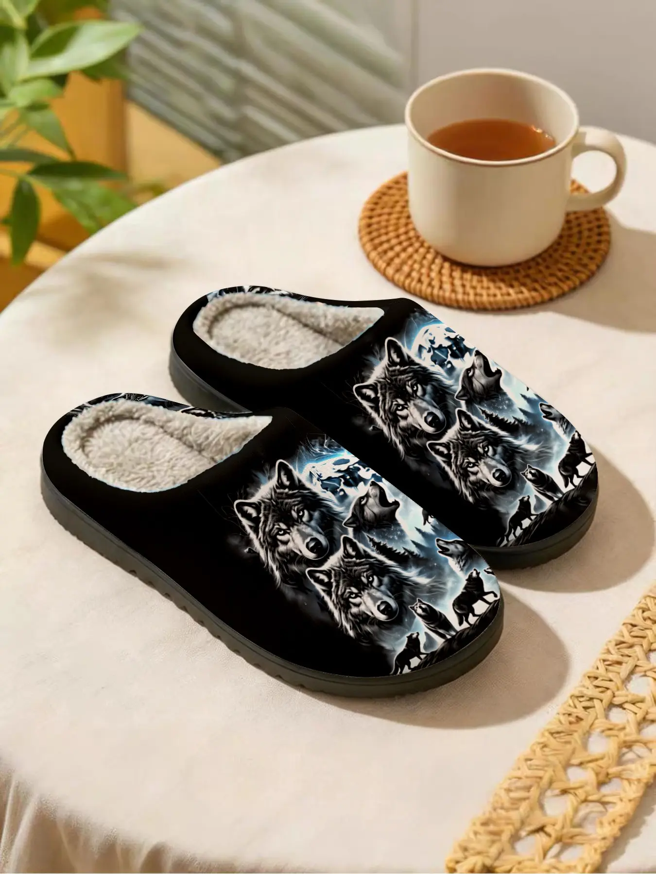 Wolf Pack & Moonlit Night | Wild & Cool 1 Pair Faux Fur Lined Non-Slip Home Plush Slippers For Men & Women (Autumn/Winter)