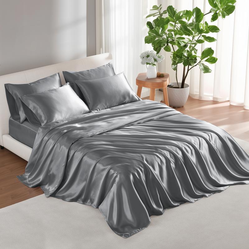 6 Piece Solid Color Satin Sheets Set (1*Flat Sheet + 1* Fitted Sheet + 4*Pillowcases), Luxurious And Silky With Natural Sheen