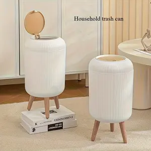 Large-capacity circular wood grain pedal trash can, silent cover, ideal for home, office and restaurant, office trash can, modern trash can design, durable plastic bucket, garbage bag bracket, Trash Storage Can