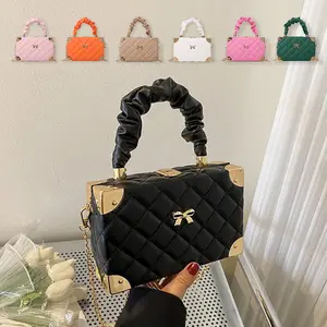 Quilted Pattern Square Handbag Women's Chain Strap Crossbody Bags with Top Pleated Handle & Bow for Shopping Travel