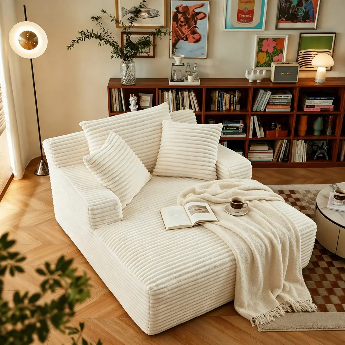 Oversized Chaise Lounge Chair Indoor, 67 inch Corduroy Upholstered Boneless Sofa Bed, Deep Seat Sleeper Couch Reading Chairs,No Assembly Required,Cloud Sofas Couches for Living Room bedroom with 3 Pillows, Modern Reading Chair