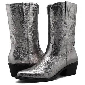 GLOBALWIN Women's Silver Western Mid Calf Metal Heel Boots Metallic Boots For Women Chunky Low Heel Walking Shoes Footwear Stylish Comfort Design Classic Women's Retro Embroidered Cowboy Boots festival outfit cowgirl boots cute cowboyboots