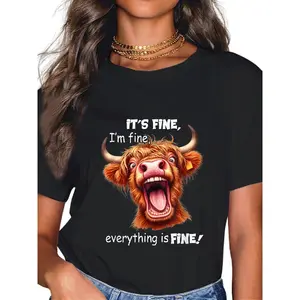 100% Cotton Funny Highland Cow It's Fine I'm Fine Everything Is Fine T-Shirt Black