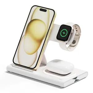 3 in 1 Wireless Charger Stand, Foldable, 15W Fast Charging Base For iPhone, Appel Watch Airpods and Android, Desk Charging Station, With Intelligent Overcharge Protection
