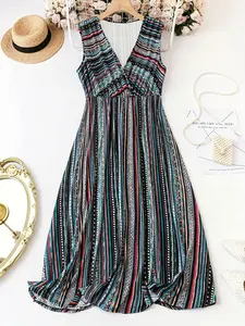 Elegant Striped Print Sleeveless Dress, Casual Fashion Design, Perfect for Daily Wear & Special Occasions, Women's Clothing