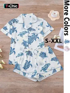 Women's All Over Print Top & Elastic Waist Shorts Pajama, Casual Comfy Short Sleeve Top & Shorts Set, Ladies Summer Sleepwear, Sleepwear Pajamas Set