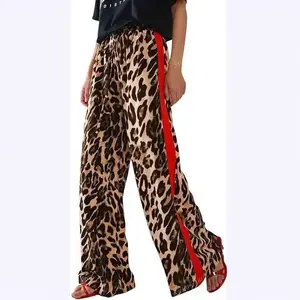 2025 Women's Casual Pants Drawstring Leopard Print Color Block Side Striped Straight Leg Wide Leg Loose Pants