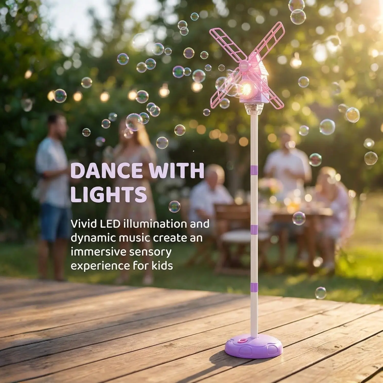 Automatic Windmill Bubble Machine, Automatic Bubble Blower, Adjustable Height, Colorful Lights, Music, Indoor Outdoor Use, Gift for Kids, Party Bubble Machine