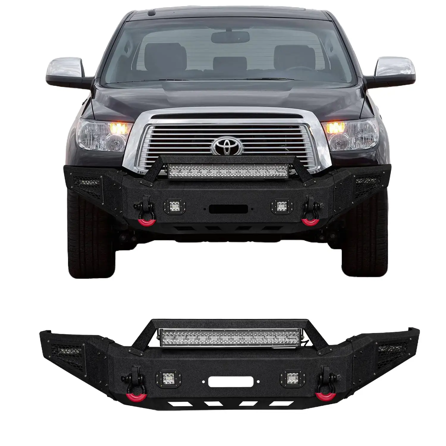 Vijay Black Textured Metal Front Bumper Automotive Tool for 2007-2013 Toyota Tundra - Steel, Winch Plate Ready, 2 D-Rings, LED Lights, Enhances Vehicle's Performance, Improves Night-Time Visibility, Simple Screw Installation for Off-Road Use, Enhanced Vis
