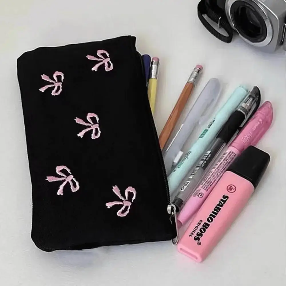 Bow Pattern Canvas Pencil Case, 1 Count Cute Bow Embroidered Pencil Bag, Stationery Bag, Cosmetics Storage Bag, Desk Organizer for Office & School