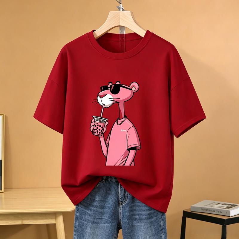 Women's 100% Soft Cotton Short-Sleeve Crew Neck Top - Oversized Cropped H-Type Style, Boba Pink Panther Skater Graphic Print, Breathable Fabric, Color-Sorted Wash, Heat Transfer, Casual Summer Fitted Wear (Do Not Bleach)