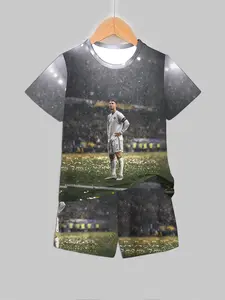 Boys Summer Set, Ronaldo Juventus Rainy Night Hero Print Short Sleeve Suit, Casual Fitted Shorts, All over Print